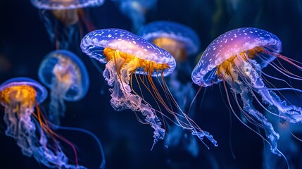 Grupa świecących meduz w głębinach oceanu