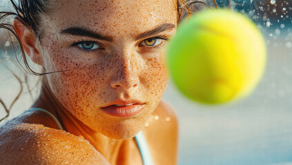 Close-up of an athletic woman with freckles intensely staring at an incoming tennis ball, displaying strength and concentration under sunlight