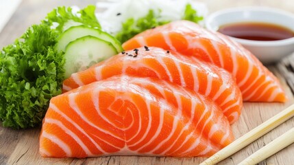 A serene dining setting with a wooden table featuring a serving of salmon sashimi, accompanied by soy sauce and chopsticks, evoking a traditional Japanese dining experience.