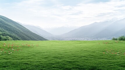 Obraz premium Lush green landscape with rolling hills under soft, cloudy sky
