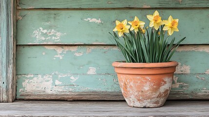 A cracked terra-cotta pot with daffodils growing inside, resting on a wooden porch with peeling paint, nostalgic rural setting