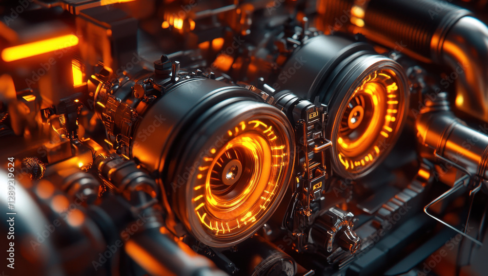 Poster close view of a complex futuristic engine, featuring vibrant glowing parts and detailed mechanical s