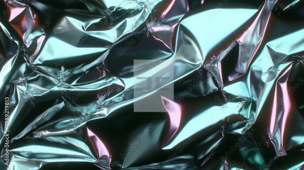Poster metallic texture of rumpled tin foil with sharp edges and reflections