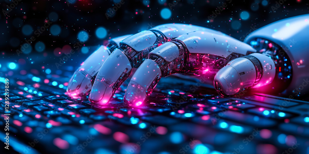 Poster artificial intelligence robot hand enhancing interaction with digital keyboard interface and neon li