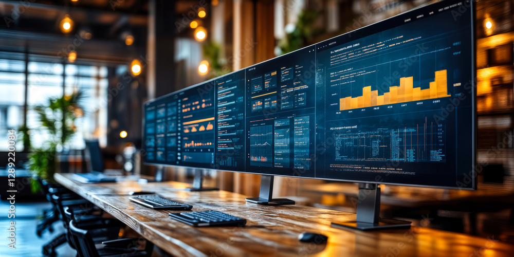 Poster modern workspace with multi-screen setup displaying data analytics in contemporary office environmen