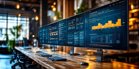 Modern Workspace with Multi-Screen Setup Displaying Data Analytics in Contemporary Office Environment