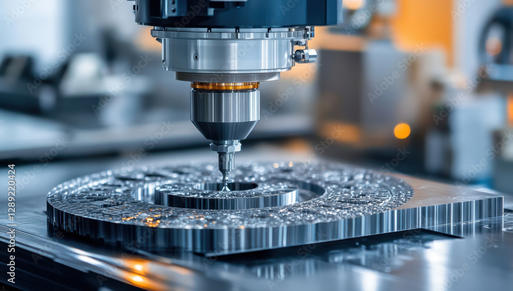 Aufkleber detailed view of an industrial machine creating precise cuts on a metal component in a manufacturing