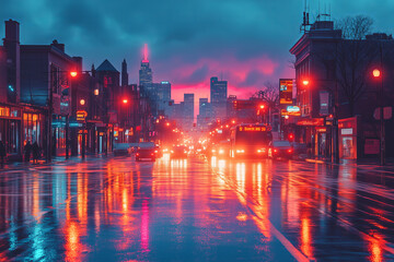 Fototapeta premium Rainy City Night Street Scene with Vibrant Lights and Reflections
