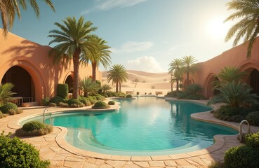 Fototapeta premium Beautiful desert oasis with turquoise water pool, palm trees, sand dunes. Luxury resort with tropical plants on vacation in middle east arabic country. Summer holiday getaway.