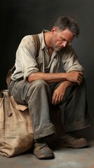 Obraz premium A reflective man seated on a canvas bag, showcasing a moment of contemplation in a cozy indoor setting during the late afternoon