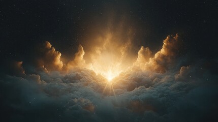 Fototapeta premium Dramatic sunrise over clouds nature scene digital artwork atmospheric wide angle inspiring visuals