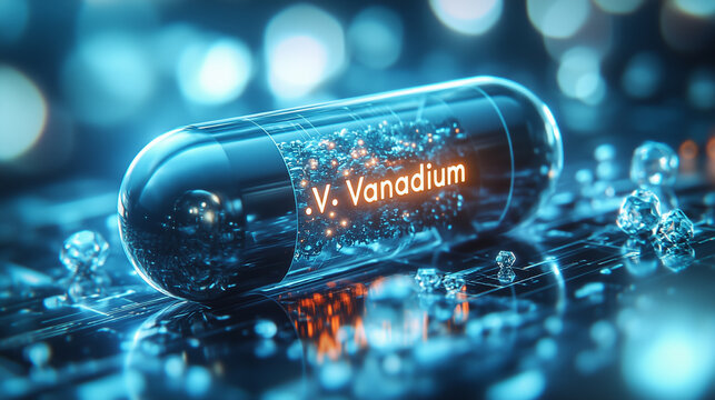 Vanadium capsule displayed over a glittering surface with bright reflections in a futuristic setting