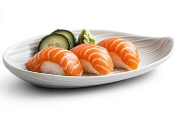 Fresh Salmon Sushi Nigiri with Wasabi and Cucumber on Elegant White Plate Isolating Japanese Cuisine Delicacy for Gourmet Food Lovers