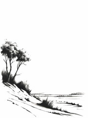 sketchy landscape with tree and seeside view decorative element with blank area for insertion