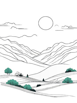 sketch landscape with mountains and scrubs vector cartoon illustration