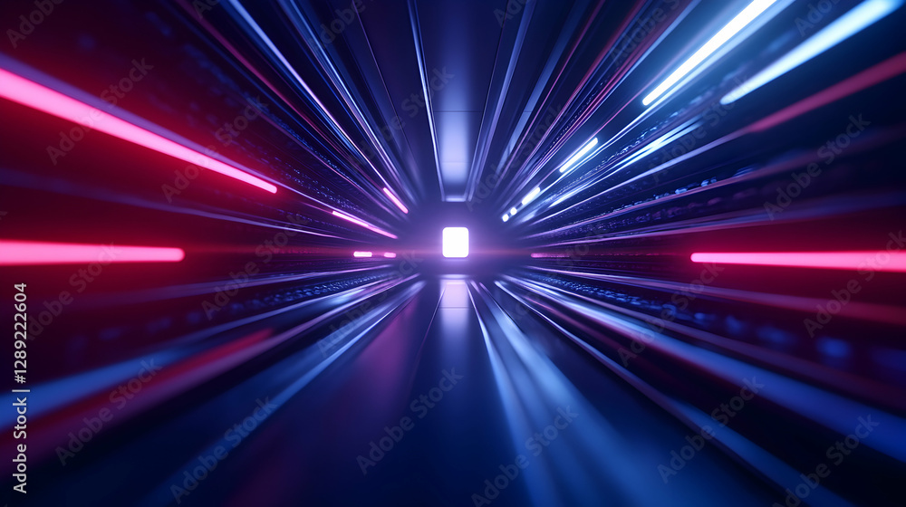 Poster a dynamic, abstract image featuring vibrant blue and red light beams converging towards a central po