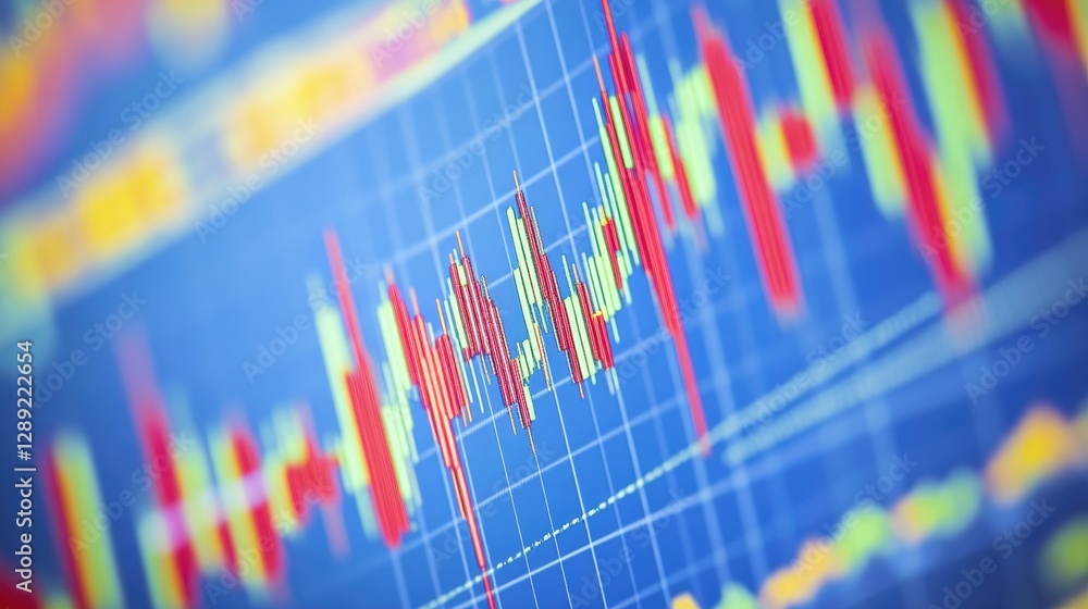 Poster a trader's computer screen displaying a stock chart with red and green candlesticks, volume bars, an