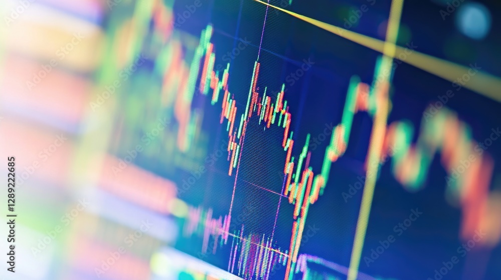 Poster a trader analyzes a live stock chart displayed on a screen, with colorful lines and arrows indicatin
