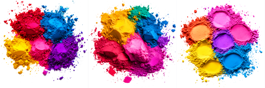 Holi. Colorful powder (Gulal) in vibrant colors on a transparent background, PNG