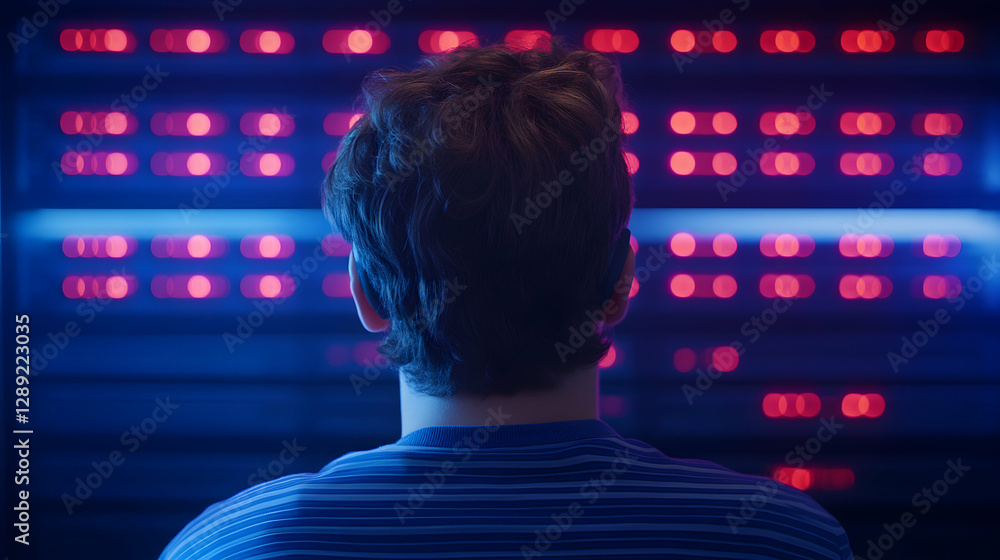 Poster a person is seen from behind in front of a glowing array of lights, suggesting a futuristic or digit