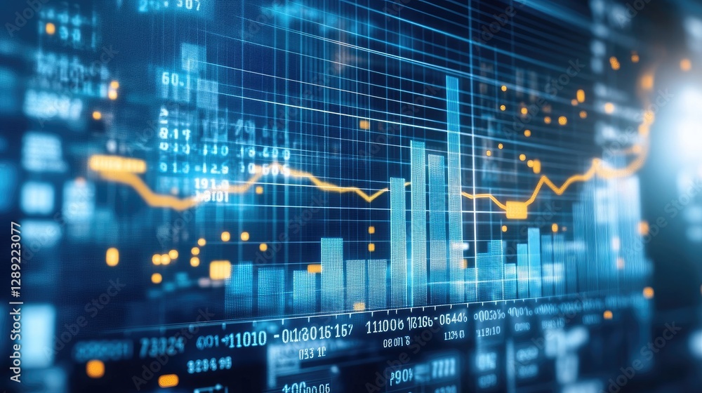 Poster a vibrant d bar chart with transparent bars of different heights, set against a digital interface wi
