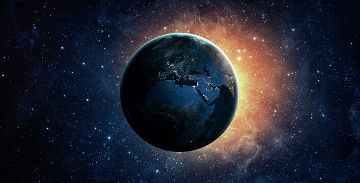 Panoramic view of the Earth, star and galaxy. Sunrise over planet Earth, view from space. Elements of this image furnished by NASA. - Powered by Adobe