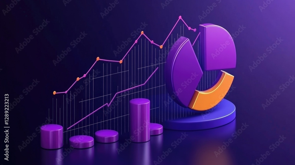 Poster a vibrant d pie chart with translucent slices in neon colors, hovering above a reflective surface. t