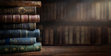 Old books on wooden desk and ray of light.