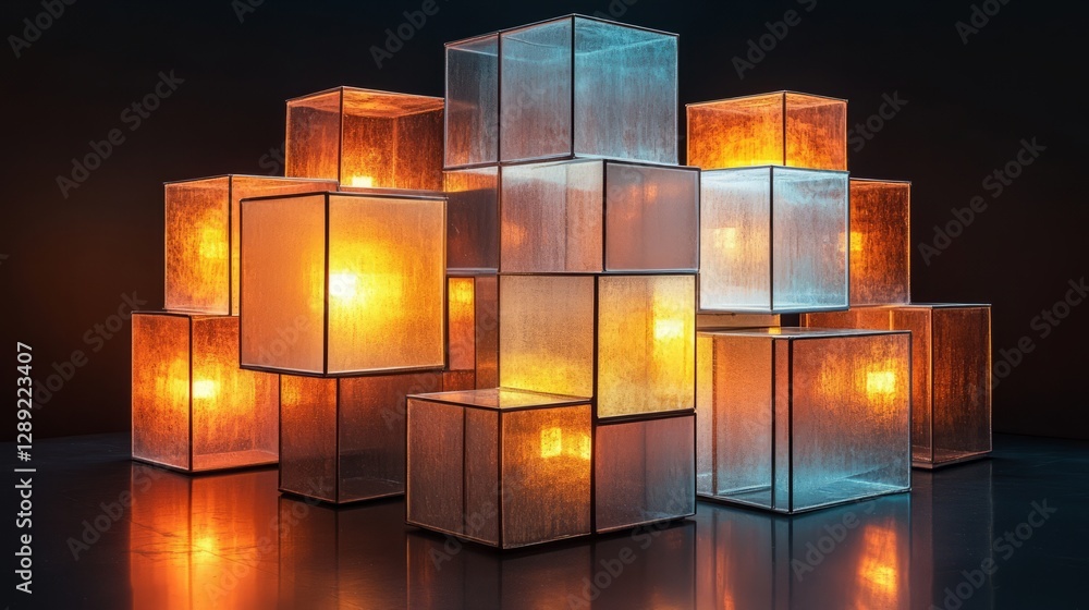 Poster 3d geometric blocks forming an abstract structure, illuminated by soft lighting, with a stark black 