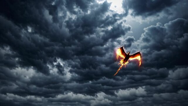 A glowing fire-breathing dragon soars through a dramatic stormy sky, its wings illuminated against the dark, swirling clouds.  

