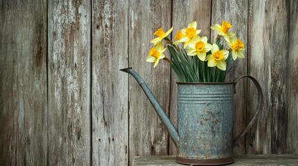 A weathered metal watering can with daffodils sprouting from inside, placed near an aged wooden barn door, rustic textures