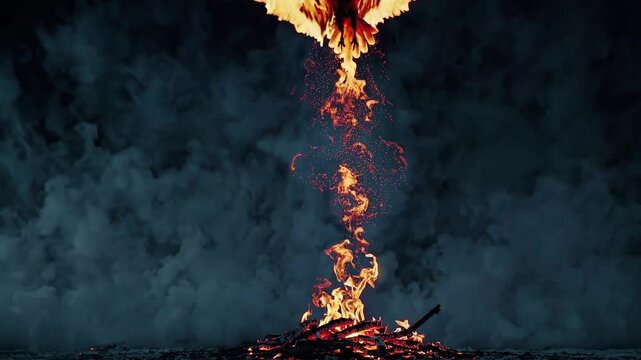 A mystical phoenix emerges from blazing flames, symbolizing rebirth, strength, and transformation against a dark, smoky background.  
