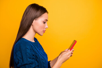Profile side photo of concentrated lady holding device reading blogs wearing maroon pullover...