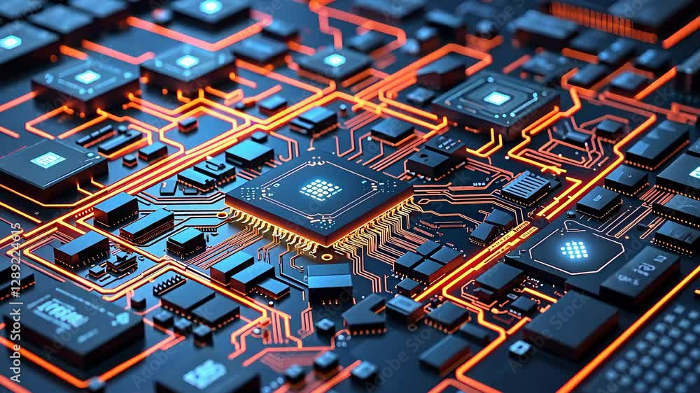 Poster futuristic microchip on a high-tech circuit board with glowing connections, advanced semiconductor, 