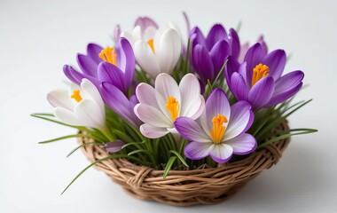 Naklejka premium A basket filled with purple and yellow crocus flowers on a white background