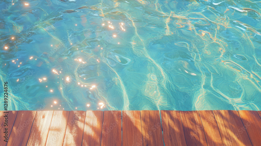Poster tranquil poolside scene with teak texture and sunlit water for relaxation and design