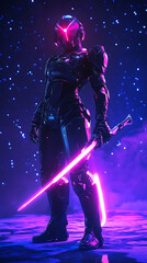 anime character knight sword armor with glowing eyes emitting red, blue, and purple aura