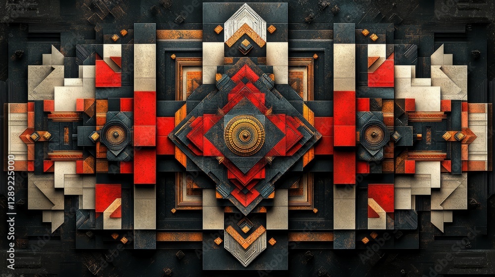 Poster 3d geometric blocks with complex patterns, creating a layered effect on a dark black background