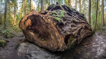 Obraz premium Fallen giant tree trunk covered in moss in a dense forest with sunlight filtering through the canopy. Nature's resilience and regeneration concept