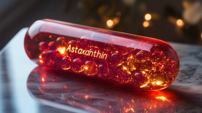 Capsule of astaxanthin glistens with vibrant colors on a marble surface, highlighting its natural health benefits and aesthetic appeal during a cozy evening