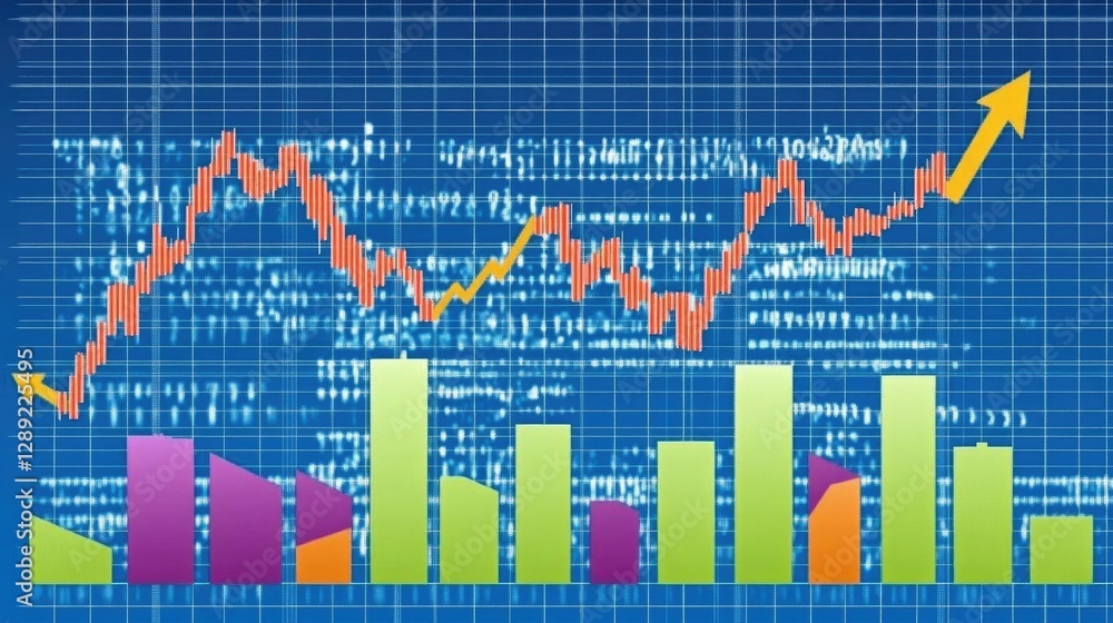 Poster a vibrant stock chart with colorful lines, arrows, and candlestick patterns, illustrating market mov