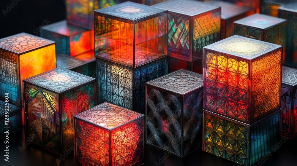Poster 3d geometric blocks with complex patterns, creating a layered effect on a dark black background