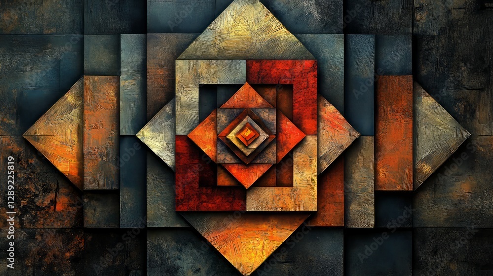 Poster 3d geometric blocks with complex patterns, creating a layered effect on a dark black background