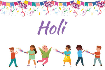 Naklejka premium Fun, vibrant Holi celebration illustration with joyful kids covered in colorful powder
