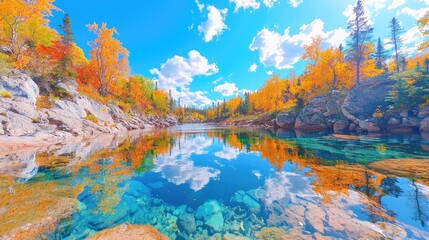 Autumnal lake reflection, vibrant fall foliage, rocky shore, clear water