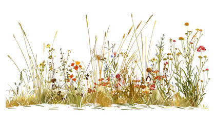 Wildflowers and native grasses vector patch along a rural roadside, enhancing the natural landscape, countryside plants, blooming meadow, nature conservation © aura studio