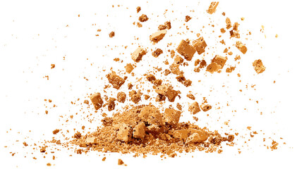 Pile of cake crumbs, cookie pieces flying, vector isolated on white, clipping path, crunchy bits, bakery waste, biscuit fragments, sweet snack debris, pastry leftovers