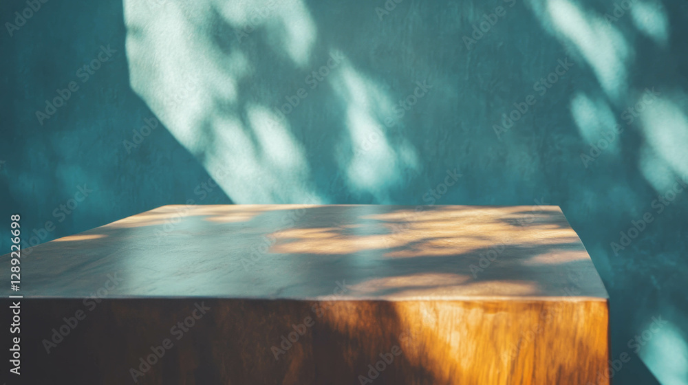 Poster Teak wood table with natural live edge and abstract shadow patterns