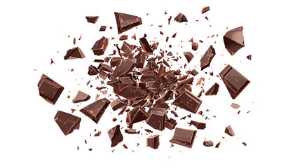 Chopped and milled chocolate pile, vector, top view, isolated on white, cocoa crumbles, dark chocolate shreds, sweet ingredient, chocolate dust, bakery topping