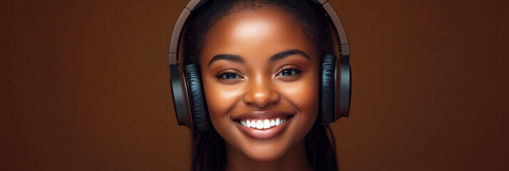 A smiling African American woman with headphones on, set against a vibrant brown background, captured in clean minimalism, evoking the concept of music enjoyment or learning, banner